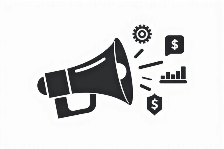 Icona di un megafono con simboli di marketing e pubblicità