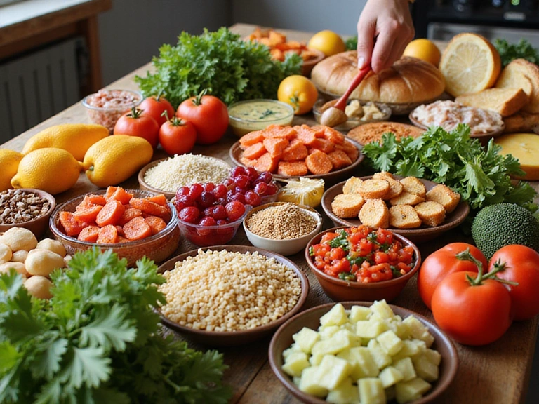 Un tavolo con una varietà di cibi sani e colorati, come frutta, verdura, cereali integrali e proteine magre, disposti in modo appetitoso.