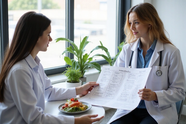 Un medico nutrizionista che spiega un piano alimentare a un paziente in un ambiente professionale